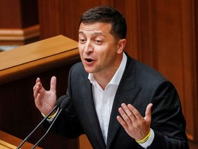 Ukrainian President Volodymyr Zelenskiy delivers a speech during a parliamentary session in Kiev, Ukraine August 29, 2019. Picture taken August 29, 2019.