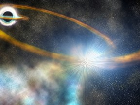 After passing too close to a supermassive black hole, a star is torn apart into a thin stream of gas, which is then pulled back around the black hole and slams into itself, creating a bright shock and ejecting more hot material, in this artist's conception released on September 26, 2019.