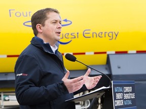Conservative Leader Andrew Scheer makes a campaign announcement at Four Quest Energy, in Edmonton on Saturday, Sept. 28, 2019.