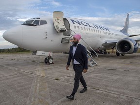 NDP Leader Jagmeet Singh heads from his airplane as he arrives in Miramichi, N.B. on Monday, Sept. 23, 2019. Singh is heading to Bathurst, N.B. for a campaign event before travelling to to Nova Scotia and then Manitoba.