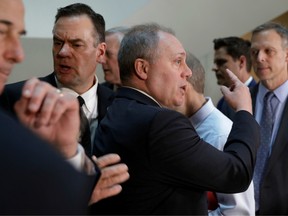 House Minority Whip Steve Scalise (R-LA) with other Republican congressmen speaks to the media outside a secure area as Deputy Assistant Secretary of Defense Laura Cooper testifies in a closed-door deposition as part of the U.S. House of Representatives impeachment inquiry into U.S. President Donald Trump on Capitol Hill in Washington, U.S., October 23, 2019.