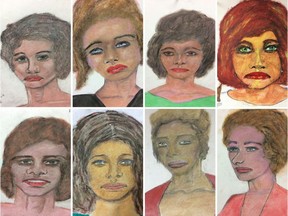 This combination of pictures created on February 13, 2019 shows sixteen recent drawings released by the Federal Bureau of Investigation by suspect Samuel Little, based on his memories of some of his female victims from various locations spread across the U.S.