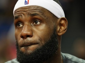 LeBron James #23 of the Los Angeles Lakers reacts during a preseason game against the Brooklyn Nets as part of 2019 NBA Global Games China at Mercedes-Benz Arena on October 10, 2019 in Shanghai, China.