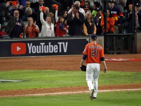 Zack Greinke of the Houston Astros is taken out of the game against the Washington Nationals during the seventh inning in Game Seven of the 2019 World Series on October 30, 2019 in Houston.