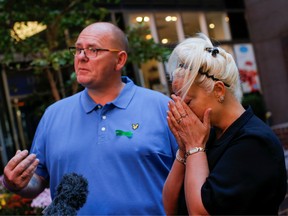 Tim Dunn and Charlotte Charles, parents of British teen Harry Dunn who was killed in a car crash on his motorcycle, allegedly by the wife of an American diplomat, speak during a interview in the Manhattan borough of New York City, New York, U.S., October 15, 2019.
