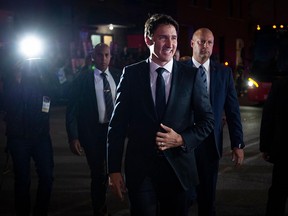 Canadian Prime Minister Justin Trudeau (Leader of the Liberal Party of Canada) arrives for the French debate for the 2019 federal election, the "Face-a-Face 2019" presented in the TVA studios, in Montreal, Quebec, Canada, on October 2, 2019.