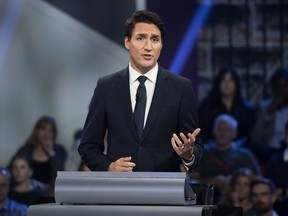 Liberal leader Justin Trudeau responds to a question during the Federal leaders debate in Gatineau, Que. on Monday October 7, 2019.