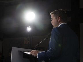 Conservative Leader Andrew Scheer speaks during a campaign stop in Winnipeg, Monday October 14, 2019.