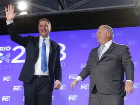 Federal Conservative leader Andrew Scheer is congratulated by Ontario Premier Doug Ford at the Ontario PC Convention 2018 held at the Toronto Congress Centre on Nov. 17, 2018.