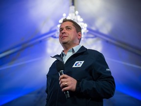 Conservative Leader Andrew Scheer appears at a rally in Langley, B.C., on Oct. 11, 2019.