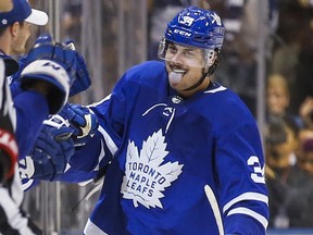 Maple Leafs forward Auston Matthews celebrates his second goal of the game against the Senators during second period NHL action at the Scotiabank Arena in Toronto on Wednesday, Oct. 2, 2019.