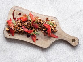 Beet-cured salmon with chanterelles and saskatoon sauce