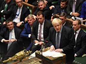 Britain's Prime Minister Boris Johnson speaks ahead of a vote on his renegotiated Brexit deal, on what has been dubbed "Super Saturday", in the House of Commons in London, Britain October 19, 2019.
