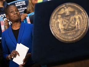 Chirlane McCray, the wife of New York City Mayor Bill de Blasio, waits to speak at a rally in support of LGBTQ rights at New York City Hall on Oct. 8, 2019.