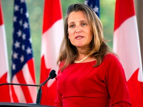 In this file photo taken on August 22, 2019, Canadian Foreign Minister Chrystia Freeland speaks in Ottawa.