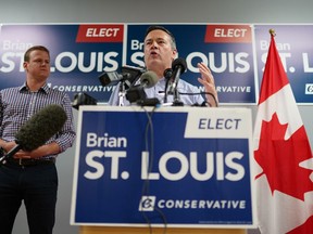 Alberta Premier Jason Kenney speaks while campaigning with Conservative candidate Brian St. Louis in Ottawa on Friday, October 4, 2019.
