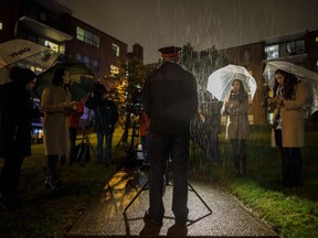 Toronto Police Chief Mark Saunders speaks to reporters outside an apartment building at the scene of a shooting in Toronto, Wednesday, Oct. 30, 2019. Toronto police say five teens have been shot in the western part of the city in a targeted shooting.