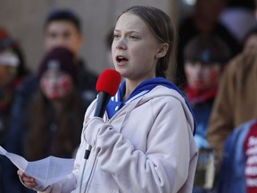 Swedish climate activist Greta Thunberg speaks to several thousand people at a climate strike rally Friday, Oct. 11, 2019, in Denver. Swedish climate activist Greta Thunberg has announced that's she's going to Alberta.