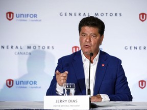 Unifor national president Jerry Dias speaks during a press conference announcing GM's investment in the Oshawa assembly plant, in Toronto, Wednesday, May 8, 2019. A full-scale strike is getting underway this morning by upwards of 5,000 unionized workers at six Crown corporations and one Crown agency in Saskatchewan.