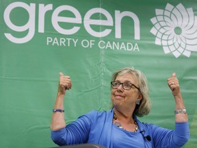 Green Party Leader Elizabeth May speaks in Toronto during a fireside chat about the climate, Tuesday, Sept. 3, 2019.