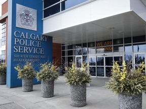 Calgary Police Service headquarters in Calgary, Alta., Monday, May 6, 2019. Police in Calgary have charged two men in relation to a number of swatting calls - a form of retaliation in which someone reports a false emergency to get authorities, particularly a SWAT team, to descend on an address.