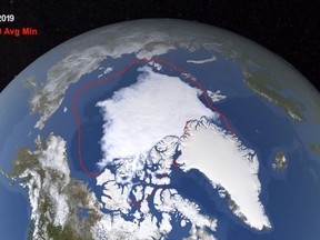 This image from video provided by NASA shows the likely 2019 minimum extent of ice in the Arctic Sea on Sept. 18, 2019, compared with the average minimum from 1981-2010. Canadian research is part of a massive global project that has found billions of people are at risk as climate change damages natural systems around the world.