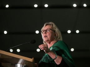 Green Party Leader Elizabeth May addresses candidates and supporters during a rally in Vancouver, Saturday, Oct. 19, 2019. Green Leader Elizabeth May hopes to use whatever influence her three-member caucus has to ensure bolder climate action, a pharmacare plan and a promise of lower cell-phone rates make their way into the next throne speech.