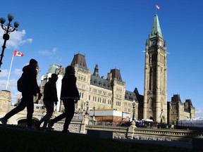 People walk near Parliament Hill in Ottawa on Wednesday, Oct. 23, 2019. Big business is adding its voice to a broader call for economy-lifting changes in Canada following an election campaign widely criticized for its dearth of deep policy discussion.