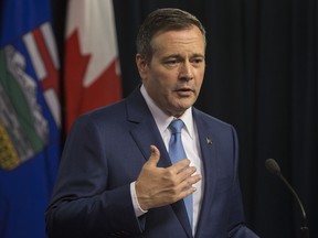 Premier Jason Kenney speaks to the media in Edmonton, Alberta, on Tuesday Oct. 22, 2019.