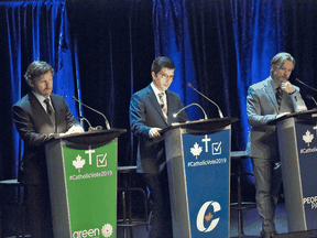 Among the candidates attending the debate were, from left, Dan Turcotte, Green Party MP candidate for Don Valley East, Garnette Genius, Conservative MP Sherwood Park-Fort Saskatchewan, and David Haskell, People's Party MP candidate for Cambridge-North Dumfries.