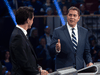 Conservative leader Andrew Scheer speaks to Liberal leader Justin Trudeau during the Federal leaders debate in Gatineau, Que. on Oct. 7, 2019.