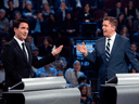 Liberal Leader Justin Trudeau and Conservative Leader Andrew Scheer spar during the federal leaders debate in Gatineau, Que., on Oct. 7, 2019.
