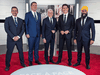 Bloc Quebecois leader Yves-François Blanchet, Conservative leader Andrew Scheer, TVA network host Pierre Bruneau, Liberal leader and Prime Minister Justin Trudeau and NDP leader Jagmeet Singh pose before a French language debate for the 2019 federal election at TVA studios in Montreal, Oct. 2, 2019.