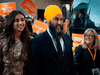 NDP Leader Jagmeet Singh, with his wife Gurkiran Kaur, arrives to the French televised debate at TVA in Montreal, Oct. 2, 2019.