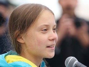 Swedish climate activist Greta Thunberg speaks at a rally at the Alberta Legislature Building in Edmonton, on Friday, Oct. 18, 2019.