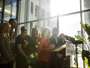 Rachel Notley, Leader of Alberta's Official Opposition, joins several families who lost loved ones in the 2018 Humboldt bus tragedy to call on the UCP government to cancel plans to exempt truck and bus drivers from new safety standards, in Edmonton, Wednesday, Oct. 16, 2019.
