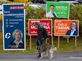A woman walks her dog past federal candidate election signs in the riding of Ottawa Centre on Oct. 16, 2019.