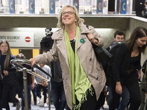 Green Party leader Elizabeth May arrives for a federal election campaign stop via the Metro in Longueuil, Que., Tuesday, October 8, 2019.