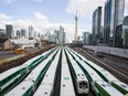 GO Trains line up in downtown Toronto's rail yard in a file photo from Jan. 13, 2017.
