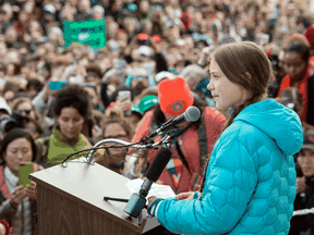 Swedish climate activist Greta Thunberg speaks at a climate rally outside the Alberta Legislature in Edmonton on Oct. 18, 2019.