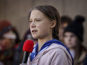 Swedish teen activist Greta Thunberg speaks at the Fridays For Future Denver Climate Strike on October 11, 2019 at Civic Center Park in Denver, Colorado. Thousands of protesters attended the event which was sparked by Thunberg's #FridaysForFuture movement.