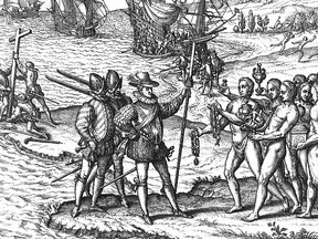 An engraving by Theodor de Bry depicting Christopher Columbus landing on Hispaniola on Dec. 6, 1492.