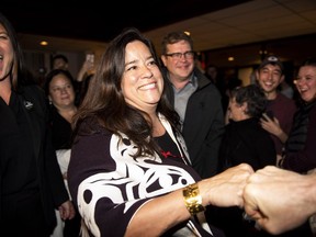 Independent candidate Jody Wilson-Raybould celebrates her election win in Vancouver, B.C. on Monday, October 21, 2019. The former Liberal MP was re-elected as an independent candidate.