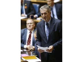 Manitoba premier Brian Pallister speaks after the reading of the Speech from the Throne at the Manitoba Legislature in Winnipeg, Monday, September 30, 2019.