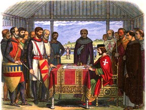 King John is pictured signing the Magna Carta in 1215, in a circa 1864 painting by James William Edmund Doyle.