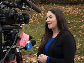 Newly elected Green Party MP Jenica Atwin speaks to the media in Fredericton on Tuesday, October 22, 2019.