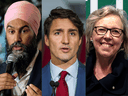 NDP Leader Jagmeet Singh (left), Liberal Leader Justin Trudeau and Green Leader Elizabeth May.