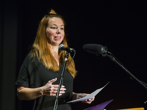 Controversial speaker Meghan Murphy talks about transgender issues at a Toronto Public Library branch on Oct. 29, 2019.
