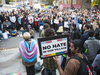 Protestors gather outside of a Toronto Public Library branch before a talk by controversial speaker Meghan Murphy on Oct. 29, 2019.