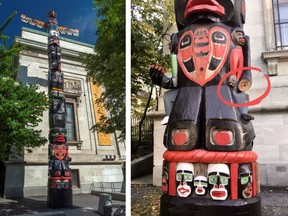 A totem pole outside the Montreal Museum of Fine Arts which had a hand stolen off it is shown in a pair of handout photos. The museum says a hand taken from a totem pole last month was quietly returned to the museum overnight Tuesday.THE CANADIAN PRESS/HO-Montreal Museum of Fine Arts MANDATORY CREDIT